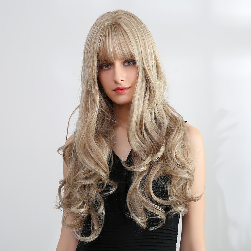 Wavy Long Golden Wig With Bangs Party Synthetic Wigs