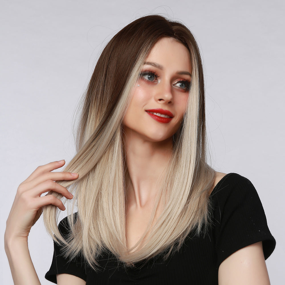 Ombre Medium Long Straight Hair Wig Brown To Golden Wigs
