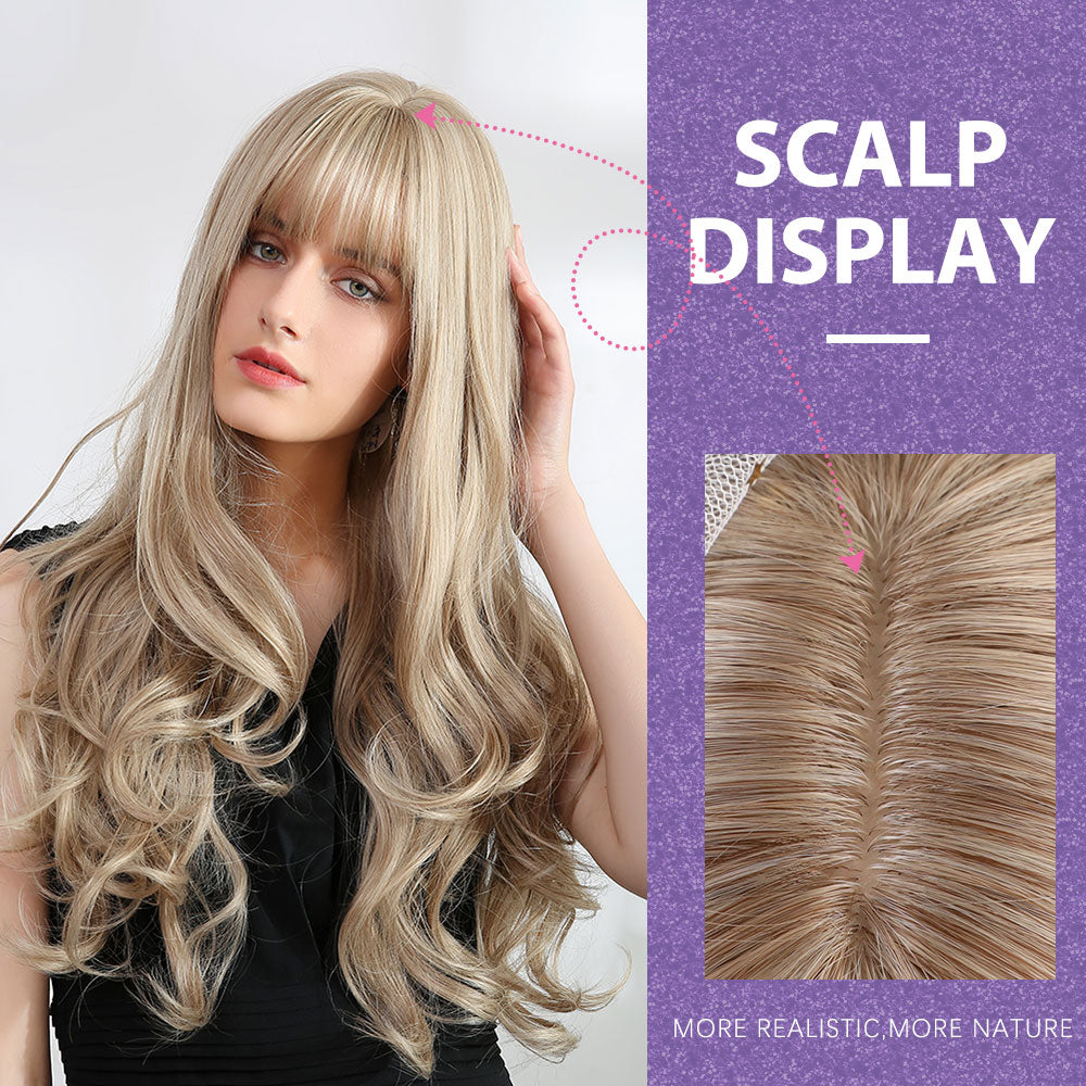 Wavy Long Golden Wig With Bangs Party Synthetic Wigs