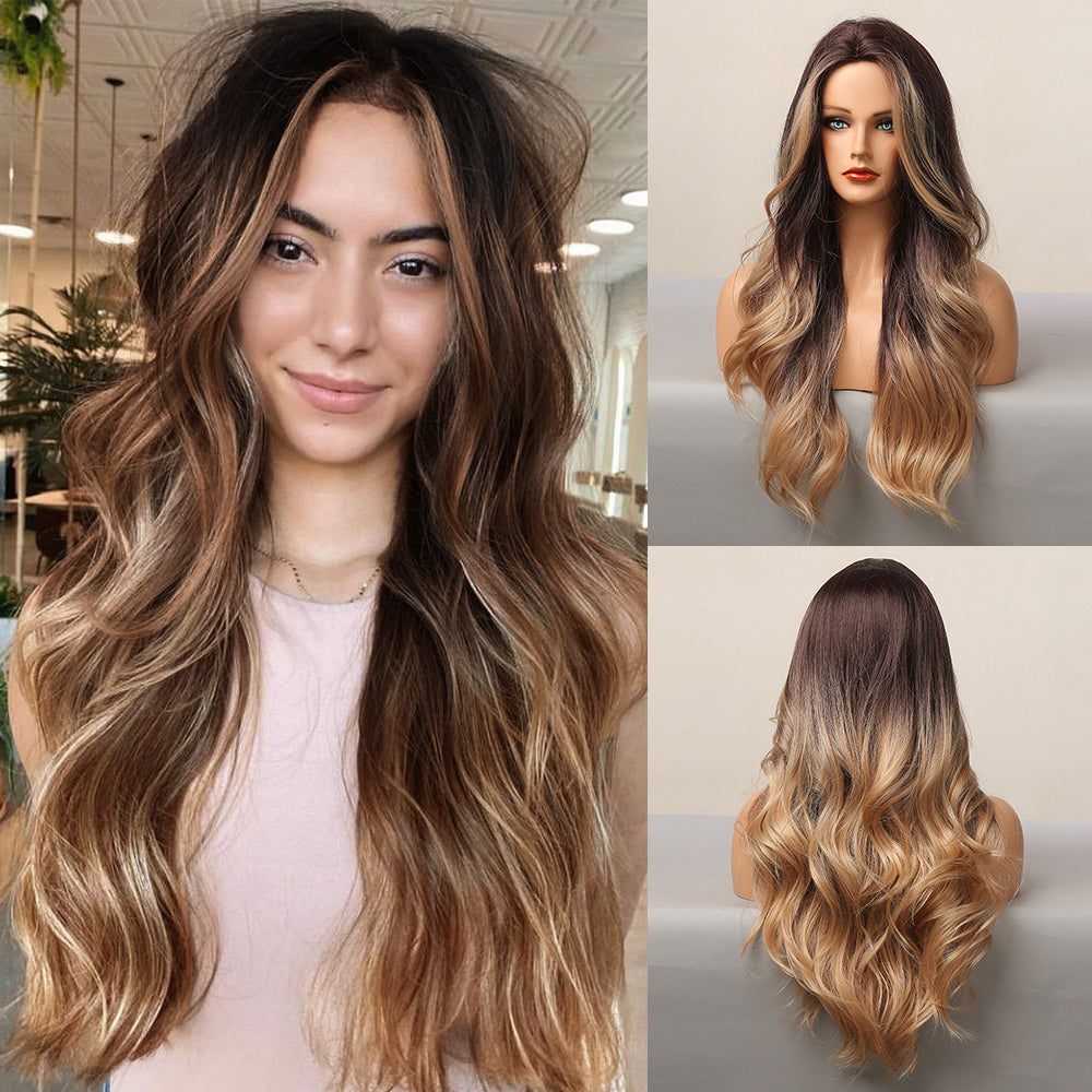 Ombre Wig Wavy Long Black To Golden Party Synthetic Wigs