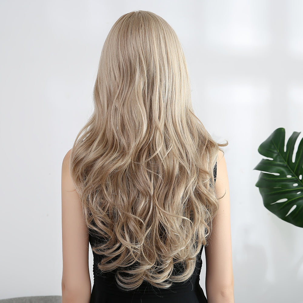 Wavy Long Golden Wig With Bangs Party Synthetic Wigs
