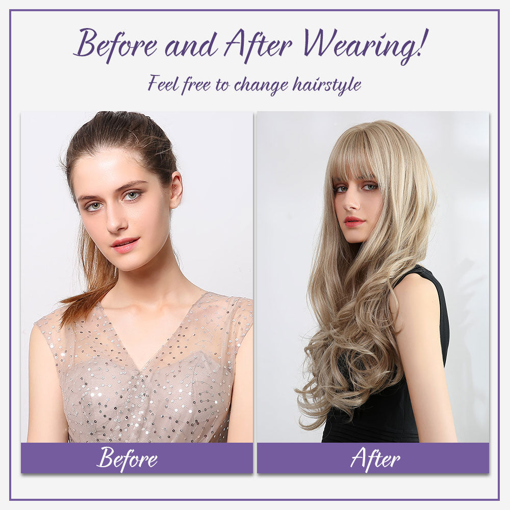 Wavy Long Golden Wig With Bangs Party Synthetic Wigs