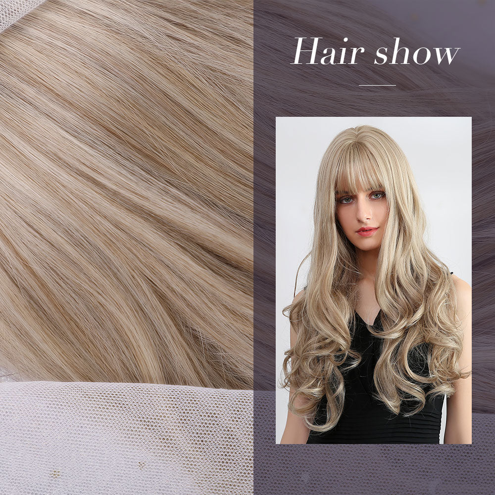 Wavy Long Golden Wig With Bangs Party Synthetic Wigs