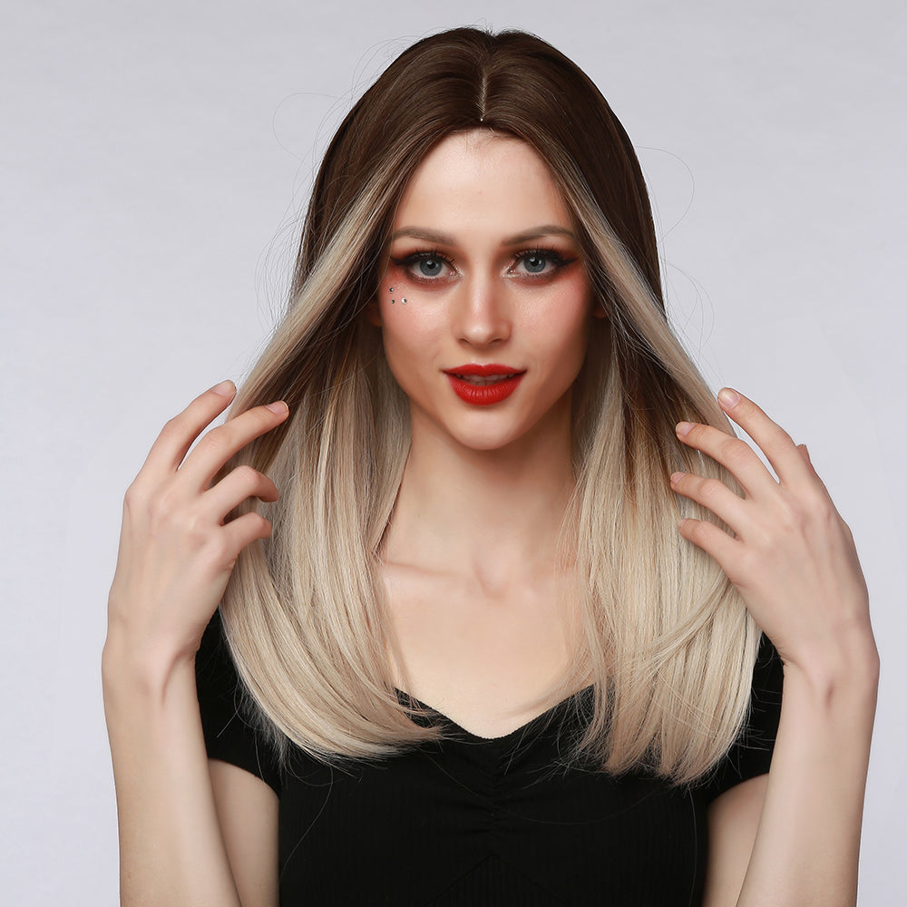 Ombre Medium Long Straight Hair Wig Brown To Golden Wigs