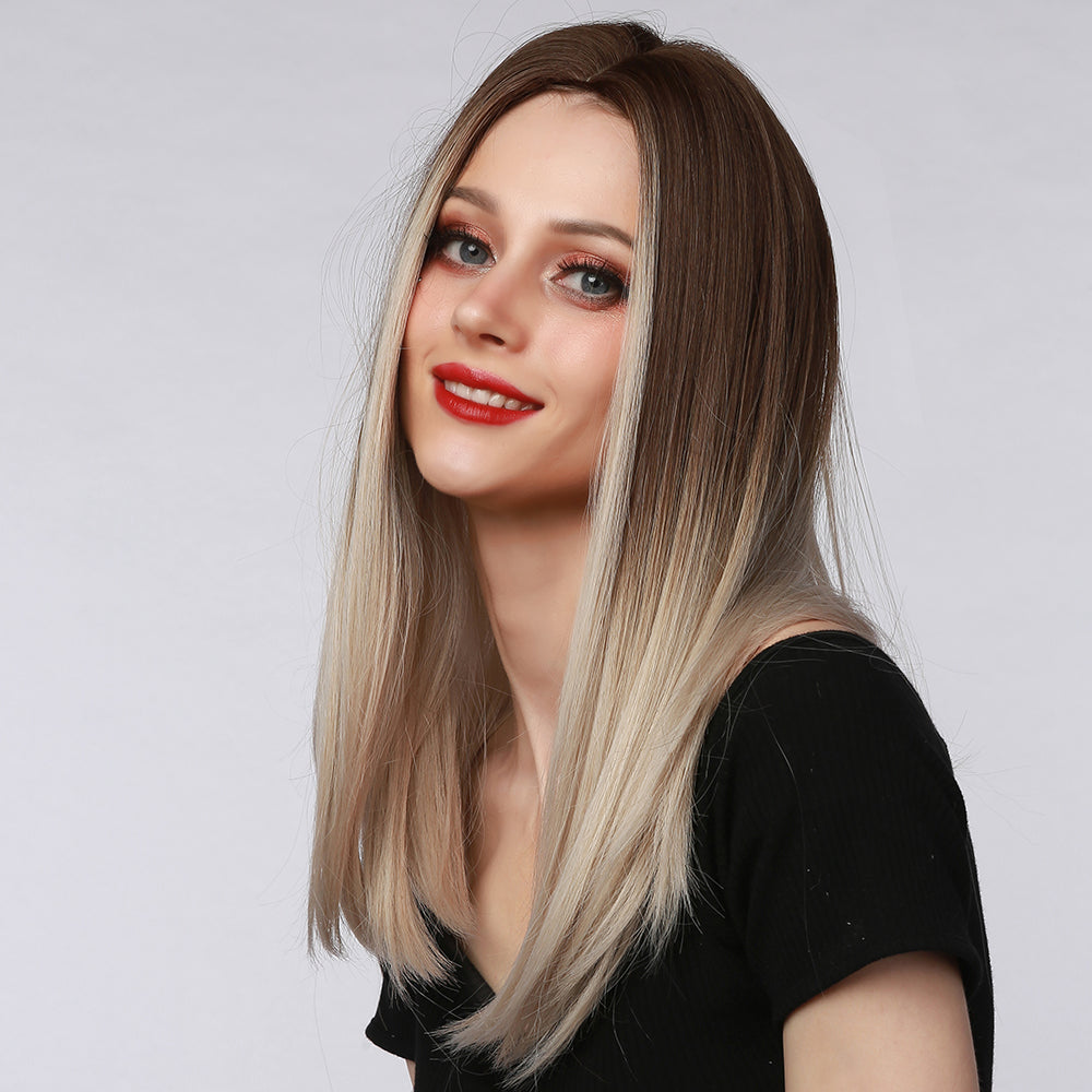 Ombre Medium Long Straight Hair Wig Brown To Golden Wigs