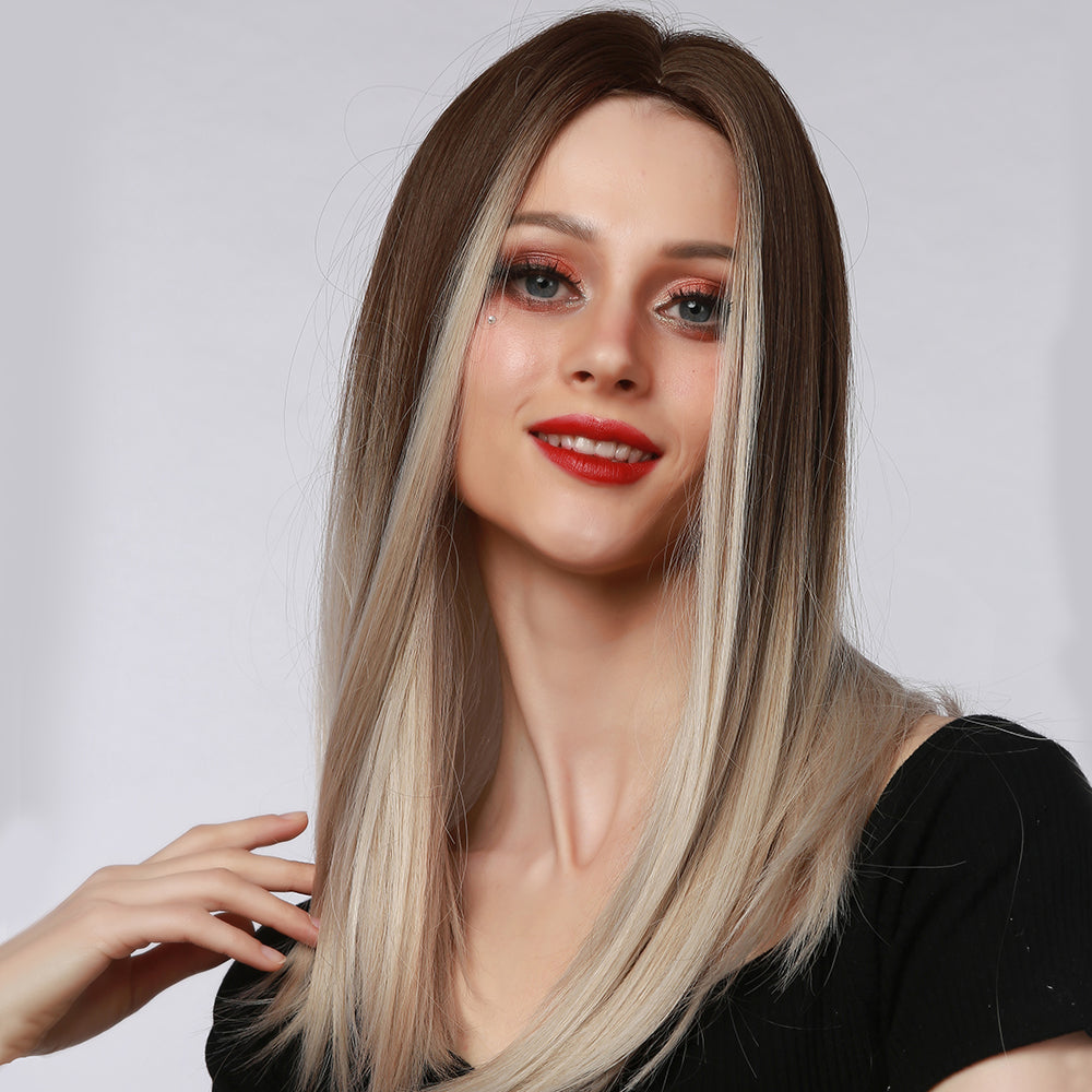 Ombre Medium Long Straight Hair Wig Brown To Golden Wigs