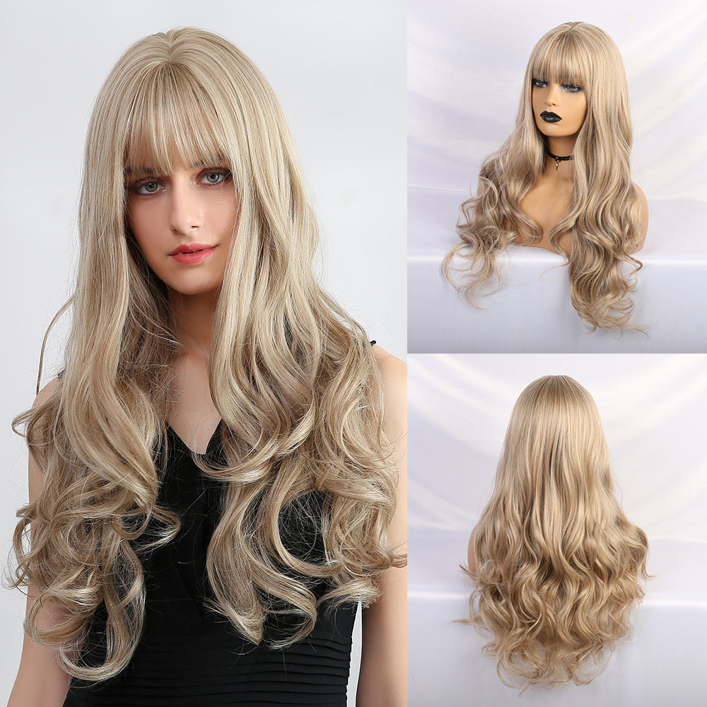 Wavy Long Golden Wig With Bangs Party Synthetic Wigs