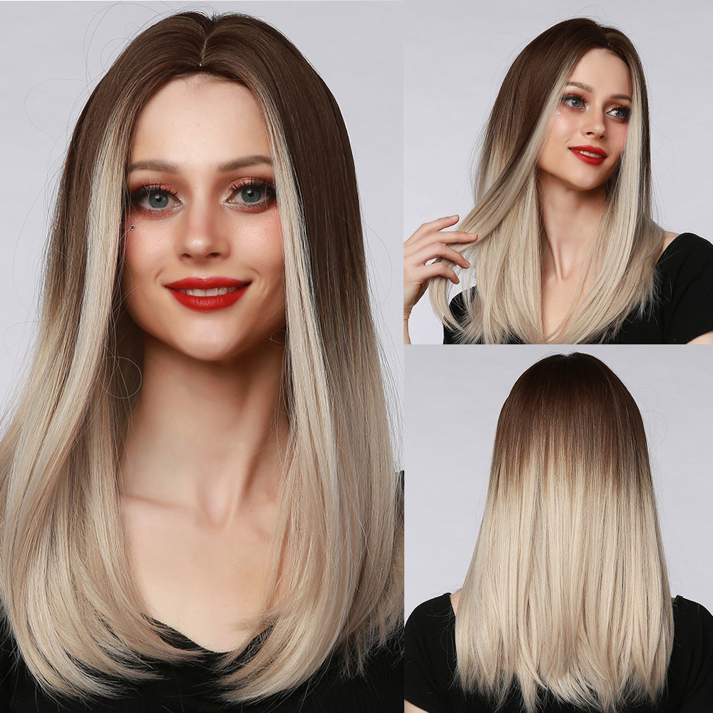 Ombre Medium Long Straight Hair Wig Brown To Golden Wigs