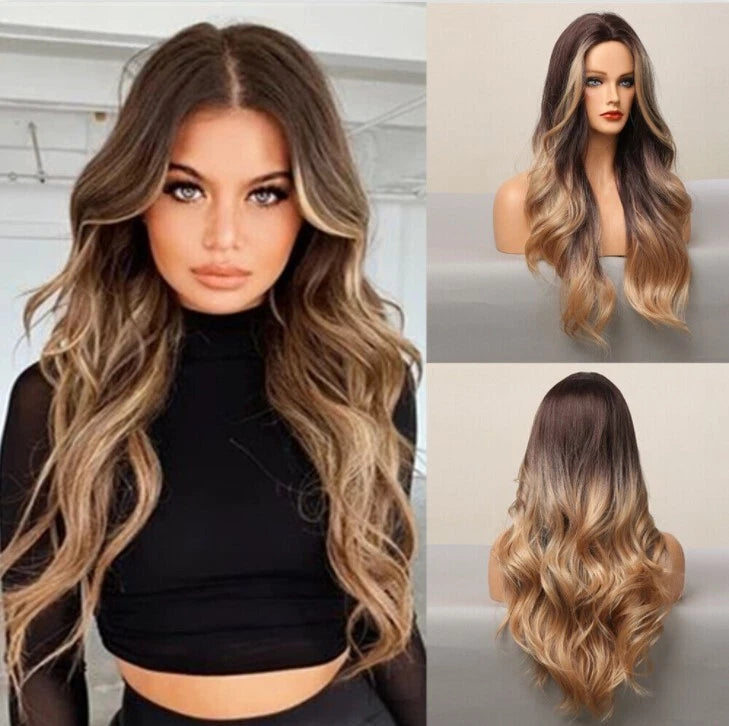 Ombre Wig Wavy Long Black To Golden Party Synthetic Wigs